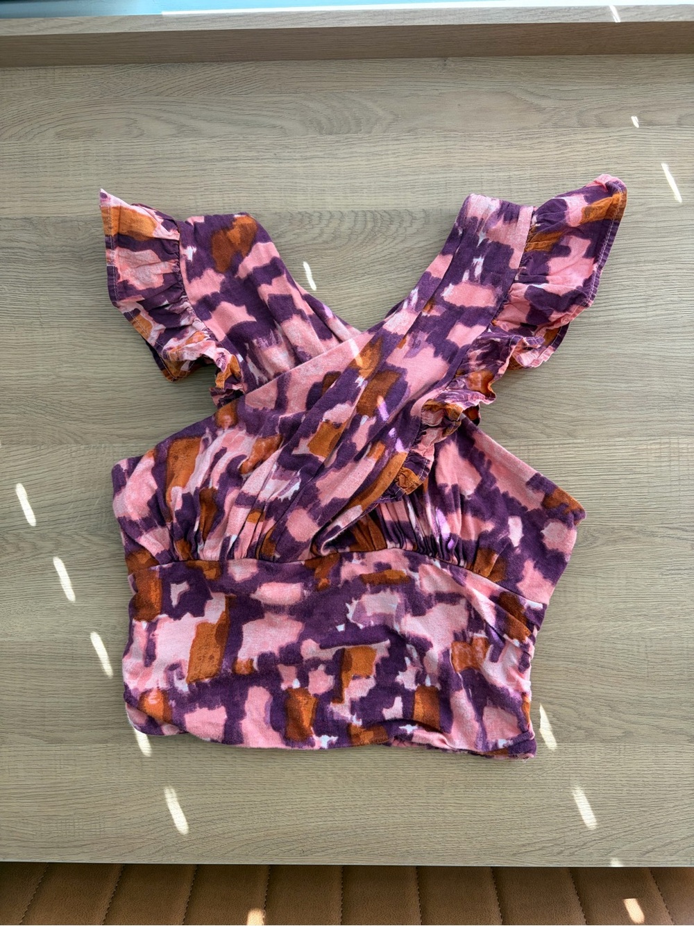 Anthropologie Pink, Purple & Brown Ruffle Crossover Halter Crop Top